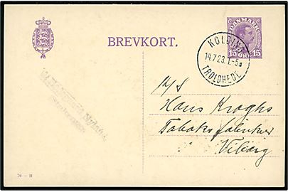 15 øre Chr. X helsagsbrevkort (fabr. 70-H) fra Stakroge annulleret med bureaustempel Kolding - Troldhede T.5 d. 14.7.1923 til Viborg. 