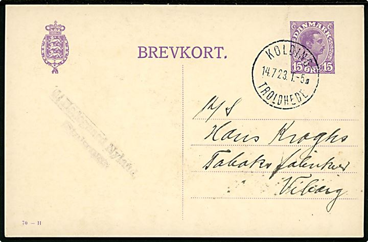 15 øre Chr. X helsagsbrevkort (fabr. 70-H) fra Stakroge annulleret med bureaustempel Kolding - Troldhede T.5 d. 14.7.1923 til Viborg. 