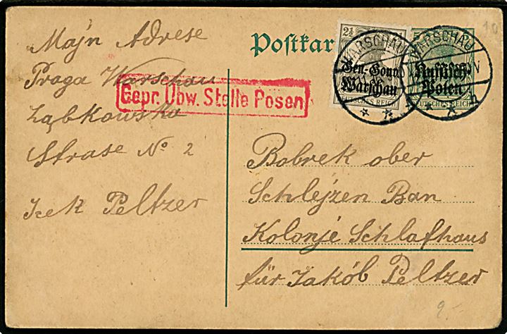 5 pfg. Russisch-Polen provisorisk helsags brevkort opfrankeret med 2½ pfg. Gen-Gouv. Warschau provisorium stemplet Warschau d. 12.11.1916 til Bobrek, Oberschlesien. Tysk censur fra Posen.