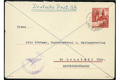 Generalgouvernement 24 gr. helsagskuvert påskrevet Deutsche Post GG fra Skole (Distr. Galizien) d. 19.6.1943 til Arnstadt, Tyskland. Briefstempel fra Bezirkzollkommisariat. Del af bagklap mgl.