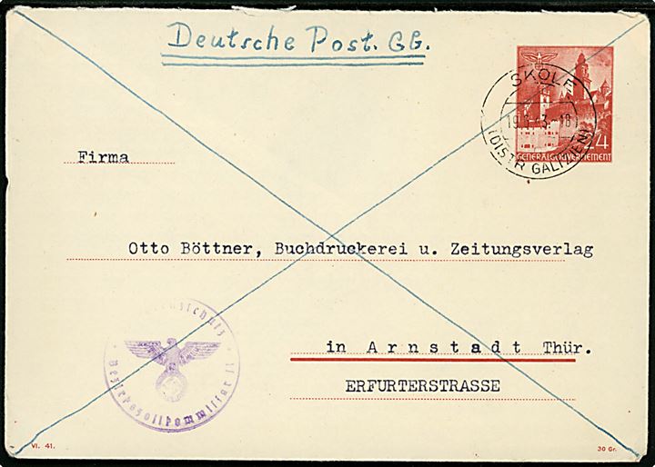 Generalgouvernement 24 gr. helsagskuvert påskrevet Deutsche Post GG fra Skole (Distr. Galizien) d. 19.6.1943 til Arnstadt, Tyskland. Briefstempel fra Bezirkzollkommisariat. Del af bagklap mgl.