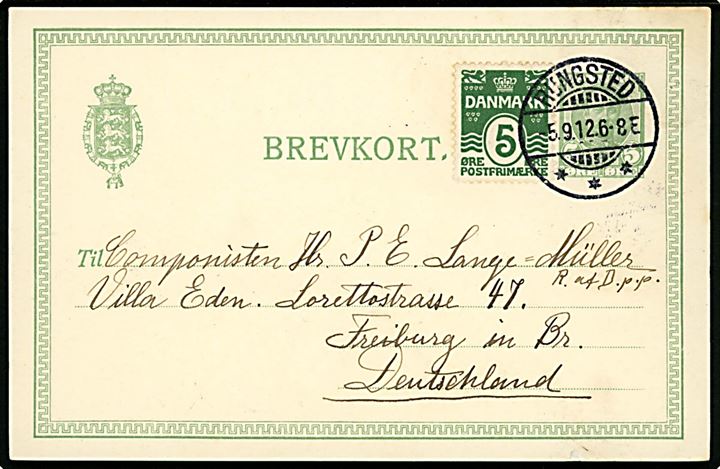 5 øre r. VIII helsagsbrevkort opfrankeret med 5 øre Bølgelinie fra Rungsted d. 5.9.1912 til komponist P. E. Lange-Müller, Ridder af Dannebrog p.p. i Freiburg, Tyskland.