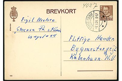 20 øre Fr. IX helsagsbrevkort (fabr. 181) annulleret med brotype IIc Store-Snøde d. 7.1.1954 til København.