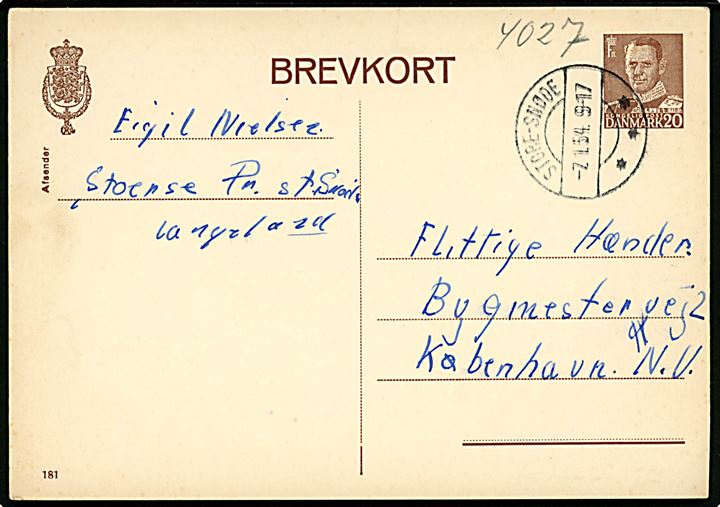 20 øre Fr. IX helsagsbrevkort (fabr. 181) annulleret med brotype IIc Store-Snøde d. 7.1.1954 til København.