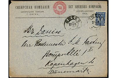 10 kop. Våben single på fortrykt firmakuvert fra Det Sibiriske Kompagni i Omsk d. 27.10.1911 til København, Danmark. Sendt fra dansk medarbejder Fasting.