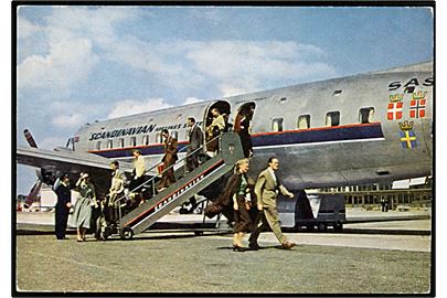 Douglas DC-6 Cloudmaster fra SAS. Reklamekort u/no.