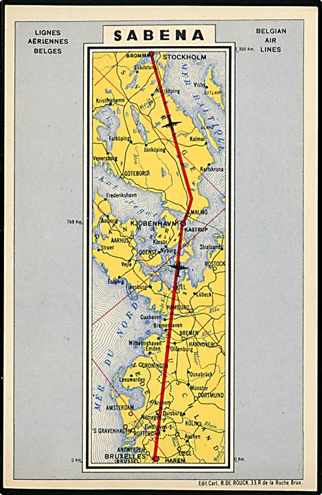 SABENA. Reklamekort med landkort over flyruten fra Stockholm via København til Bruxelles. 