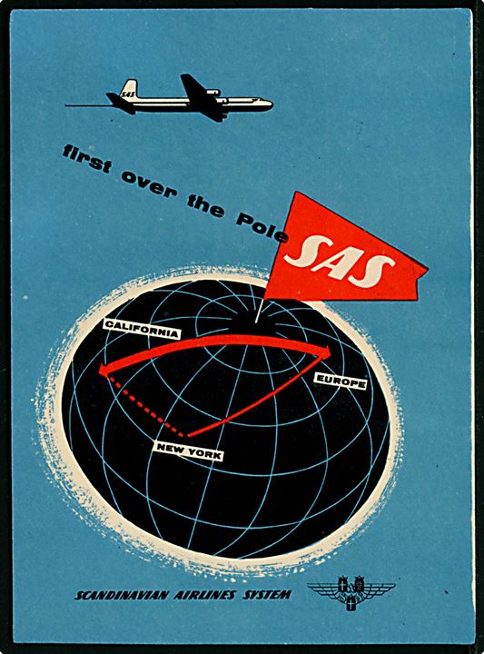 20 øre Chr. X på brevkort (SAS first over the Pole) annulleret med SAS særstempel i Sdr. Strømfjord d. 15.11.1954 til København.