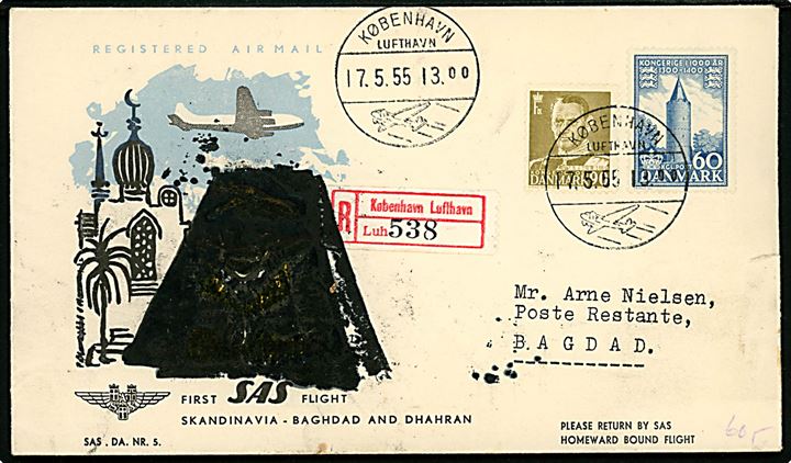 90 øre Fr. IX og 60 øre 1000 års udg. på illustreret SAS 1.-flyvningskuvert Skandinavien-Baghdad sendt anbefalet fra København Lufthavn d. 17.5.1955 til Baghdad, Iraq. Tiltryk overstemplet: Den oversværtede Araber og returneret til Bornholm med ank.stempel i Øster-Marie d. 15.12.1955.