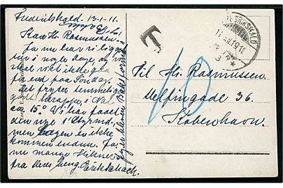 Ufrankeret brevkort fra Frederikshald d. 13.1.1911 til København, Danmark. Sort T-stempel og udtakseret i 10 øre dansk porto.