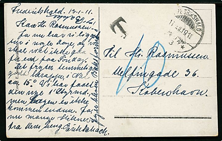 Ufrankeret brevkort fra Frederikshald d. 13.1.1911 til København, Danmark. Sort T-stempel og udtakseret i 10 øre dansk porto.