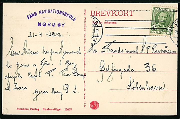 5 øre Fr. VIII på brevkort (Fanø Navigationsskole) med gummistempel Fanø Navigationsskole Nordby og annulleret i Esbjerg d. 21.4.1912 til København.