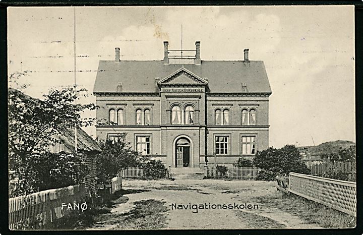 5 øre Fr. VIII på brevkort (Fanø Navigationsskole) med gummistempel Fanø Navigationsskole Nordby og annulleret i Esbjerg d. 21.4.1912 til København.