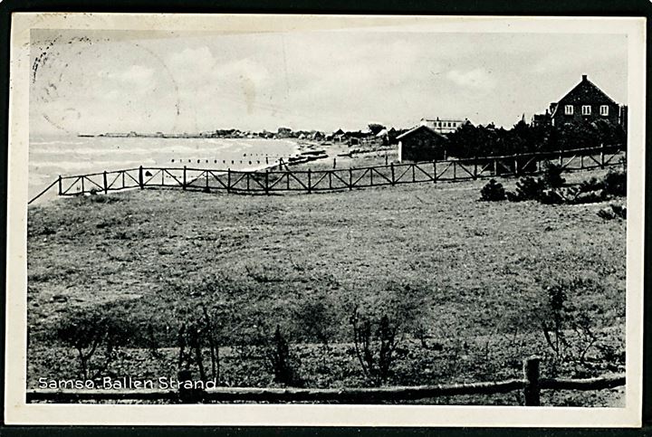 5 øre H. C. Andersen i parstykke på brevkort (Ballen Strand, Samsø) dateret Samsø Bad, Ballen og annulleret med brotype IIc skibsstempel Kolby (Havn) d. 5.9.1936 til København.