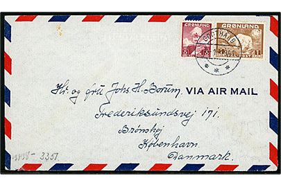 5 øre Chr. X og 1 kr. Isbjørn på 105 øre frankeret luftpostbrev stemplet Godthaab d. 4.1.1941 til Brønshøj pr. København, Danmark. Åbnet af tysk censur i Frankfurt. 