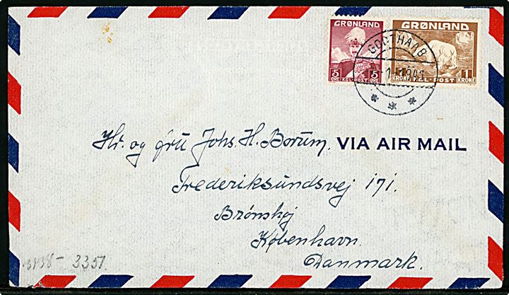 5 øre Chr. X og 1 kr. Isbjørn på 105 øre frankeret luftpostbrev stemplet Godthaab d. 4.1.1941 til Brønshøj pr. København, Danmark. Åbnet af tysk censur i Frankfurt. 