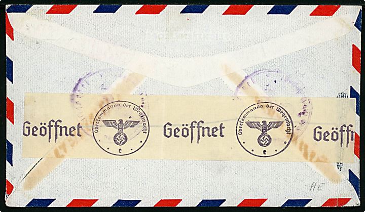 5 øre Chr. X og 1 kr. Isbjørn på 105 øre frankeret luftpostbrev stemplet Godthaab d. 4.1.1941 til Brønshøj pr. København, Danmark. Åbnet af tysk censur i Frankfurt. 