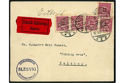 15 pfg. Fælles udg. (5) på 75 pfg. frankeret ekspresbrev fra Flensburg d. 12.3.1920 til Kolding Avis i Kolding, Danmark. Sort kommissions-stempel på for- og bagside: Commission Internationale Slesvig og ank.stemplet i Kolding d. 13.3.1920. Kort tak og lidt rust.                                                                                                                                                                                                                                                                                                                                                                                                                                                                                                                                                                                                                                                                                                                                                                                                                                                                                                                                                                                                                                                                                                                                                                                                                                                                                                                                                                                                                                                                                                                                                                                                                                                                                                                                                                                                                                                                                                                                                                                                                                                                                                                                                                                                                                                                                                                                                                                                                                                                                                                                                                                                                                                                                                                                                                                                                                                                                                                                                                                                                                                                                                                                                                                                                                                                                                                                                                                                                                                                                                                                                                                                                                                                                                                                                                                                                                                                                                                                                                                                                                                                                                                                                                                                                                                                                                                                                                                                                                                                                                                                                                                                                                                                                                                                                             