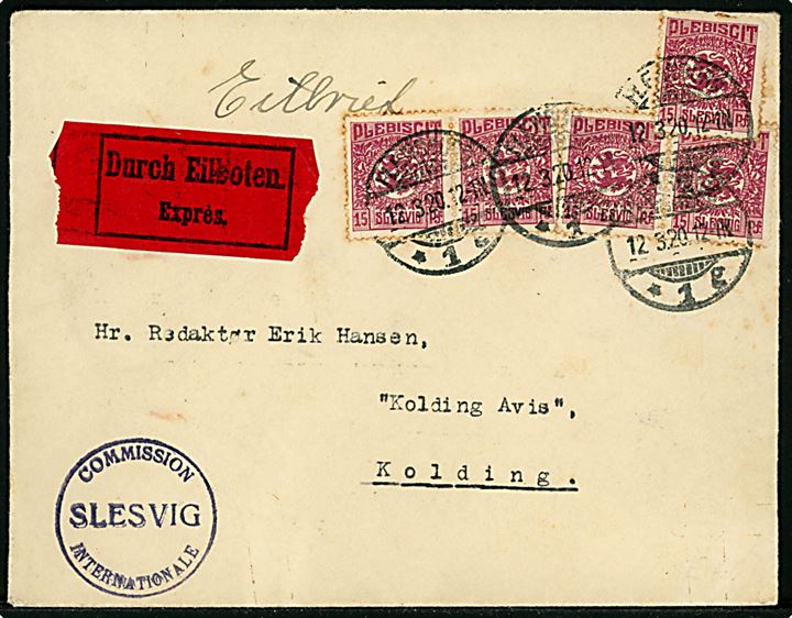 15 pfg. Fælles udg. (5) på 75 pfg. frankeret ekspresbrev fra Flensburg d. 12.3.1920 til Kolding Avis i Kolding, Danmark. Sort kommissions-stempel på for- og bagside: Commission Internationale Slesvig og ank.stemplet i Kolding d. 13.3.1920. Kort tak og lidt rust.                                                                                                                                                                                                                                                                                                                                                                                                                                                                                                                                                                                                                                                                                                                                                                                                                                                                                                                                                                                                                                                                                                                                                                                                                                                                                                                                                                                                                                                                                                                                                                                                                                                                                                                                                                                                                                                                                                                                                                                                                                                                                                                                                                                                                                                                                                                                                                                                                                                                                                                                                                                                                                                                                                                                                                                                                                                                                                                                                                                                                                                                                                                                                                                                                                                                                                                                                                                                                                                                                                                                                                                                                                                                                                                                                                                                                                                                                                                                                                                                                                                                                                                                                                                                                                                                                                                                                                                                                                                                                                                                                                                                                                                                                                                                                             