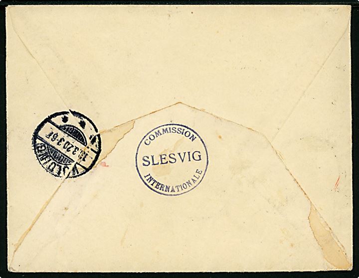 15 pfg. Fælles udg. (5) på 75 pfg. frankeret ekspresbrev fra Flensburg d. 12.3.1920 til Kolding Avis i Kolding, Danmark. Sort kommissions-stempel på for- og bagside: Commission Internationale Slesvig og ank.stemplet i Kolding d. 13.3.1920. Kort tak og lidt rust.                                                                                                                                                                                                                                                                                                                                                                                                                                                                                                                                                                                                                                                                                                                                                                                                                                                                                                                                                                                                                                                                                                                                                                                                                                                                                                                                                                                                                                                                                                                                                                                                                                                                                                                                                                                                                                                                                                                                                                                                                                                                                                                                                                                                                                                                                                                                                                                                                                                                                                                                                                                                                                                                                                                                                                                                                                                                                                                                                                                                                                                                                                                                                                                                                                                                                                                                                                                                                                                                                                                                                                                                                                                                                                                                                                                                                                                                                                                                                                                                                                                                                                                                                                                                                                                                                                                                                                                                                                                                                                                                                                                                                                                                                                                                                             