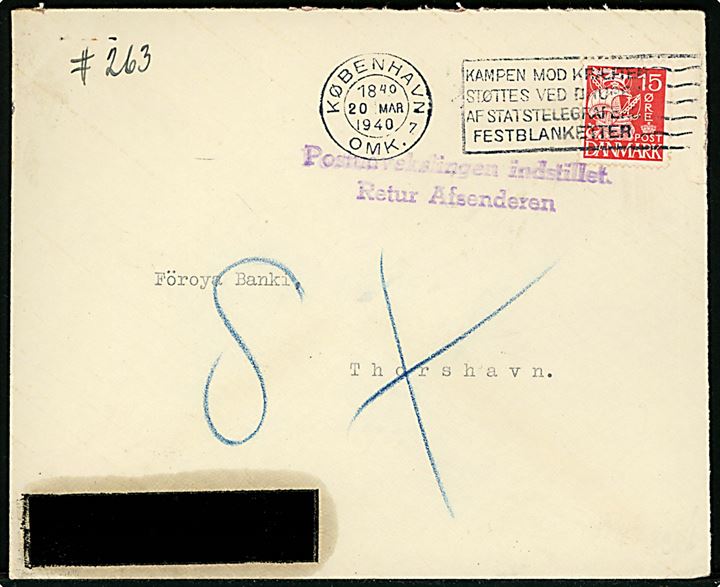 15 øre Karavel på brev fra København d. 20.3.1940 til Föroya Banki, Thorshavn, Færøerne. Retur med stempel Postudvekslingen indstillet / Retur Afsenderen. 