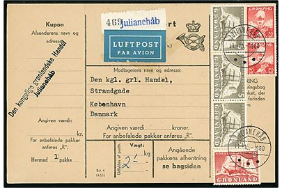 20 øre Chr. X (par), 2 kr. og 5 kr. (3-stribe) Ishavsskib på 1740 øre frankeret adressekort for luftpostpakke fra Julianehåb d. 11.10.1960 til København.