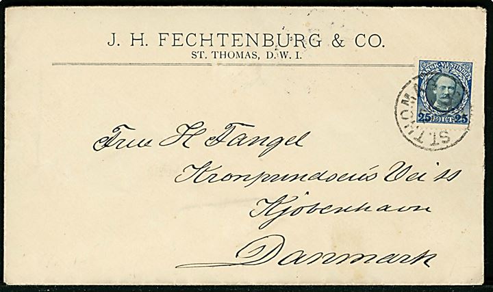 25 bit Fr. VIII på brev fra St. Thomas d. 12.12.1910 til København, Danmark. På bagsiden Julemærke 1910 og ank.stempel i Kjøbenhavn d. 28.12.1910.