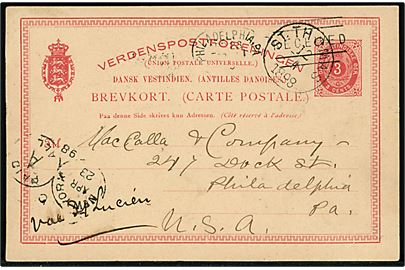 3 cents helsagsbrevkort fra St. Thomas d. 12.4.1898 via New York til Philadelphia, USA.