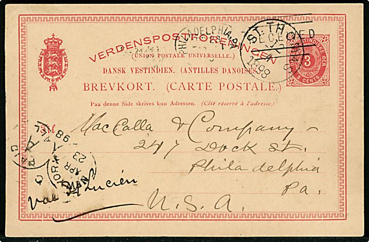 3 cents helsagsbrevkort fra St. Thomas d. 12.4.1898 via New York til Philadelphia, USA.