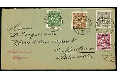 2½ pfg., 5 pfg., 7½ pfg. og 15 pfg. Fælles udg. på 30 pfg. frankeret brev fra Woyens d. 5.5.1920 til Malmö, Sverige. Ank.stemplet i Malmö d. 7.5.1920.