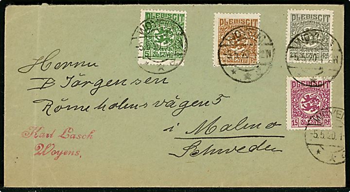 2½ pfg., 5 pfg., 7½ pfg. og 15 pfg. Fælles udg. på 30 pfg. frankeret brev fra Woyens d. 5.5.1920 til Malmö, Sverige. Ank.stemplet i Malmö d. 7.5.1920.