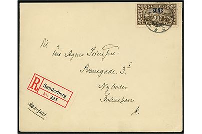 1 kr. 1. Zone udg. single på filatelistisk anbefalet brev stemplet Sonderburg **C d. 24.5.1920 til København. Sendt fra maskinmester ombord på kanonbåden Guldborgsund, Købmagergades Postkontor, København K. 