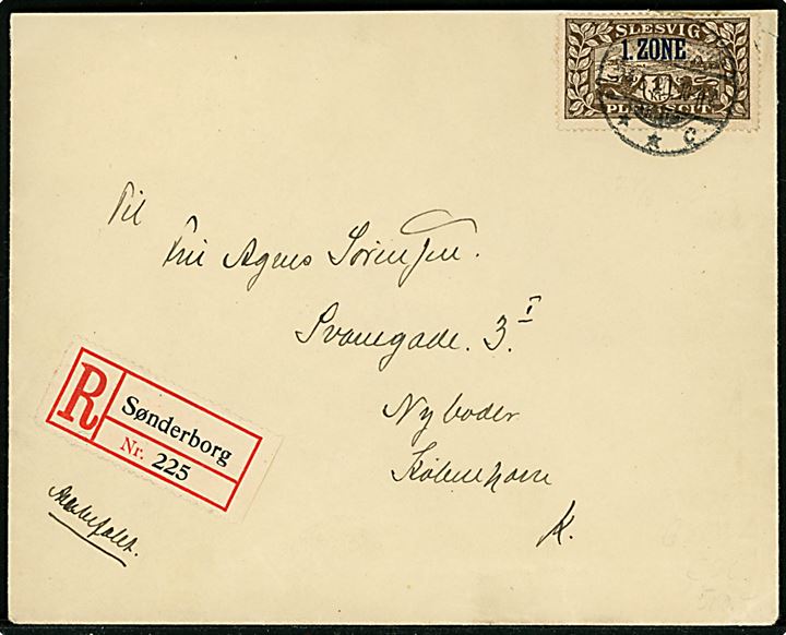 1 kr. 1. Zone udg. single på filatelistisk anbefalet brev stemplet Sonderburg **C d. 24.5.1920 til København. Sendt fra maskinmester ombord på kanonbåden Guldborgsund, Købmagergades Postkontor, København K. 