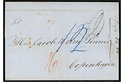 1854. Portobrev med fuldt indhold dateret Christiansted Skifteret d. 13.10.1854 via britiske postkontor St. Thomas d. 14.10.1854, samt London og K.D.O.P.A. Hamburg til København, Danmark. Flere påtegninger. 