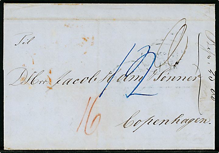 1854. Portobrev med fuldt indhold dateret Christiansted Skifteret d. 13.10.1854 via britiske postkontor St. Thomas d. 14.10.1854, samt London og K.D.O.P.A. Hamburg til København, Danmark. Flere påtegninger. 