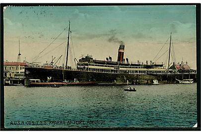 Kyarra, S/S, Australian United Steam Navigation Co. Ltd. dampskib i Port Adelaide, South Australia. Frankeret med ½d og 1d og sendt fra skoleskibet Viking i Port Adelaide d. 14.9.1911 til København, Danmark.