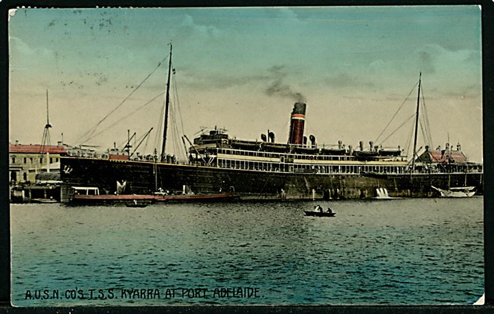 Kyarra, S/S, Australian United Steam Navigation Co. Ltd. dampskib i Port Adelaide, South Australia. Frankeret med ½d og 1d og sendt fra skoleskibet Viking i Port Adelaide d. 14.9.1911 til København, Danmark.