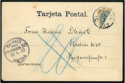 Halveret 4 cents Tofarvet på brevkort (Maracaibo, Milagro) stemplet St. Thomas d. 26.3.1903 til Berlin, Tyskland. Fejlagtigt udtakseret i 20 pfg. tysk porto, som igen er slettet. Ank.stemplet ved Postamt 50 d. 18.4.1903. Sjælden anvendelse til Europa. Vandret fold. 