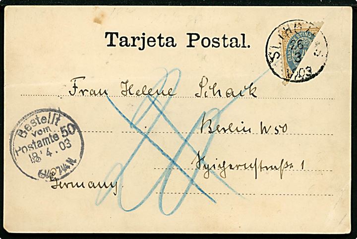 Halveret 4 cents Tofarvet på brevkort (Maracaibo, Milagro) stemplet St. Thomas d. 26.3.1903 til Berlin, Tyskland. Fejlagtigt udtakseret i 20 pfg. tysk porto, som igen er slettet. Ank.stemplet ved Postamt 50 d. 18.4.1903. Sjælden anvendelse til Europa. Vandret fold. 