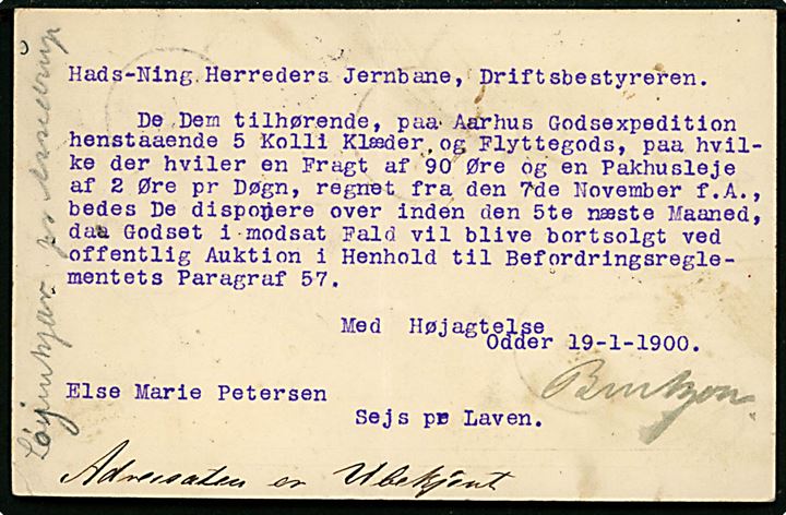 5 øre Våben helsagsbrevkort fra Hads-Ning Herreds Jernbane i Odder d. 19.1.1900 til Sejs pr. Laven - eftersendt til Silkeborg med lapidar Silkeborg JB.P. og returneret som Ubekendt