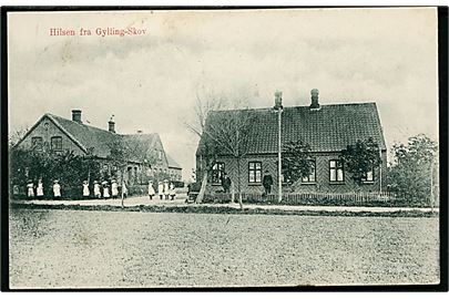 Gylling Skov, Hilsen fra. J.J.N. no. 2048. Frankeret med 5 øre Fr. VIII annulleret med stjernestempel GYLLING og sidestemplet bureau Horsens - Odder T.8 d. 14.7.1908 til Skanderborg.