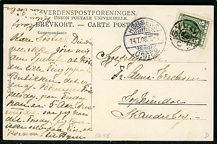 Gylling Skov, Hilsen fra. J.J.N. no. 2048. Frankeret med 5 øre Fr. VIII annulleret med stjernestempel GYLLING og sidestemplet bureau Horsens - Odder T.8 d. 14.7.1908 til Skanderborg.