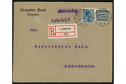 20 øre Chr. X og 20 øre Genforening på anbefalet brev fra Graasten Bank annulleret brotype IIb Graasten sn1 d. 28.10.1920 til København.