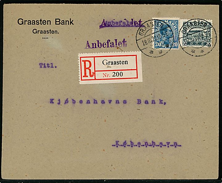 20 øre Chr. X og 20 øre Genforening på anbefalet brev fra Graasten Bank annulleret brotype IIb Graasten sn1 d. 28.10.1920 til København.