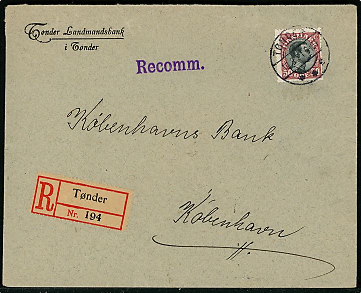 50 øre Chr. X single på anbefalet brev fra Tønder Landmandsbank i Tønder d. 10.3.1921 til København.