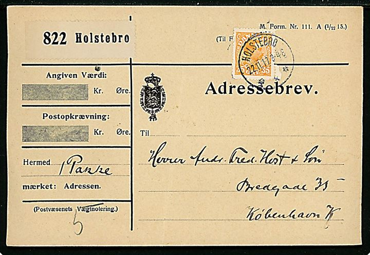 35 øre Chr. X single på adressebrev for pakke fra Holstebro d. 22.11.1917 til København.