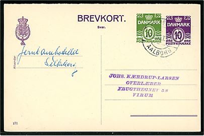 10 + 10 øre provisorisk svardel af dobbelt helsagsbrevkort (fabr. 171) fra Silkeborg annulleret med bureaustempel Fredericia - Aalborg T.58 d. 20.5.1955 til Virum.