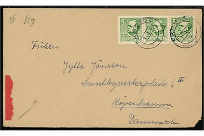 5 öre Hazelius i 3-stribe på brev fra Vara annulleret med bureaustempel PKP 216C (= Uddevalla - Herrjunga) d. 1.1.1942 til København, Danmark. Åbnet af tysk censur i København. Rest af rød etiket vedr. særlig postcensur. 