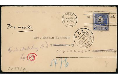 5 cents Walter Reed single på brev fra New York d. 23.8.1940 til Charlottenlund, Danmark - eftersendt fra Charlottenlund d. 25.9.1940 til Lyngby. Åbnet af tysk censur i Berlin.