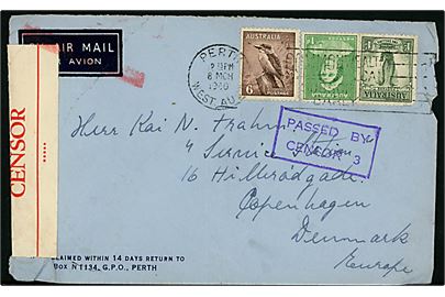 1d Elizabeth, 6d Kookaburra og 1/- Lyre Bird på luftpostbrev fra Perth d. 8.3.1940 til København, Danmark. Åbnet af lokal australsk censur og luftpost annulleret med rød bjælke i London.